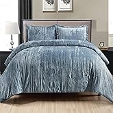 Fredsure Crinkle Velvet Comforter Set, 3 Pieces Blue Queen, Crinkle Velvet Face and Brushed Microfiber Reverse