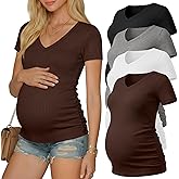 Neer 4 Pack Women's Maternity Shirts, V Neck Cotton Summer Tees Short Sleeve Ribbed Pregnancy Tops Side Ruched Mama Clothes