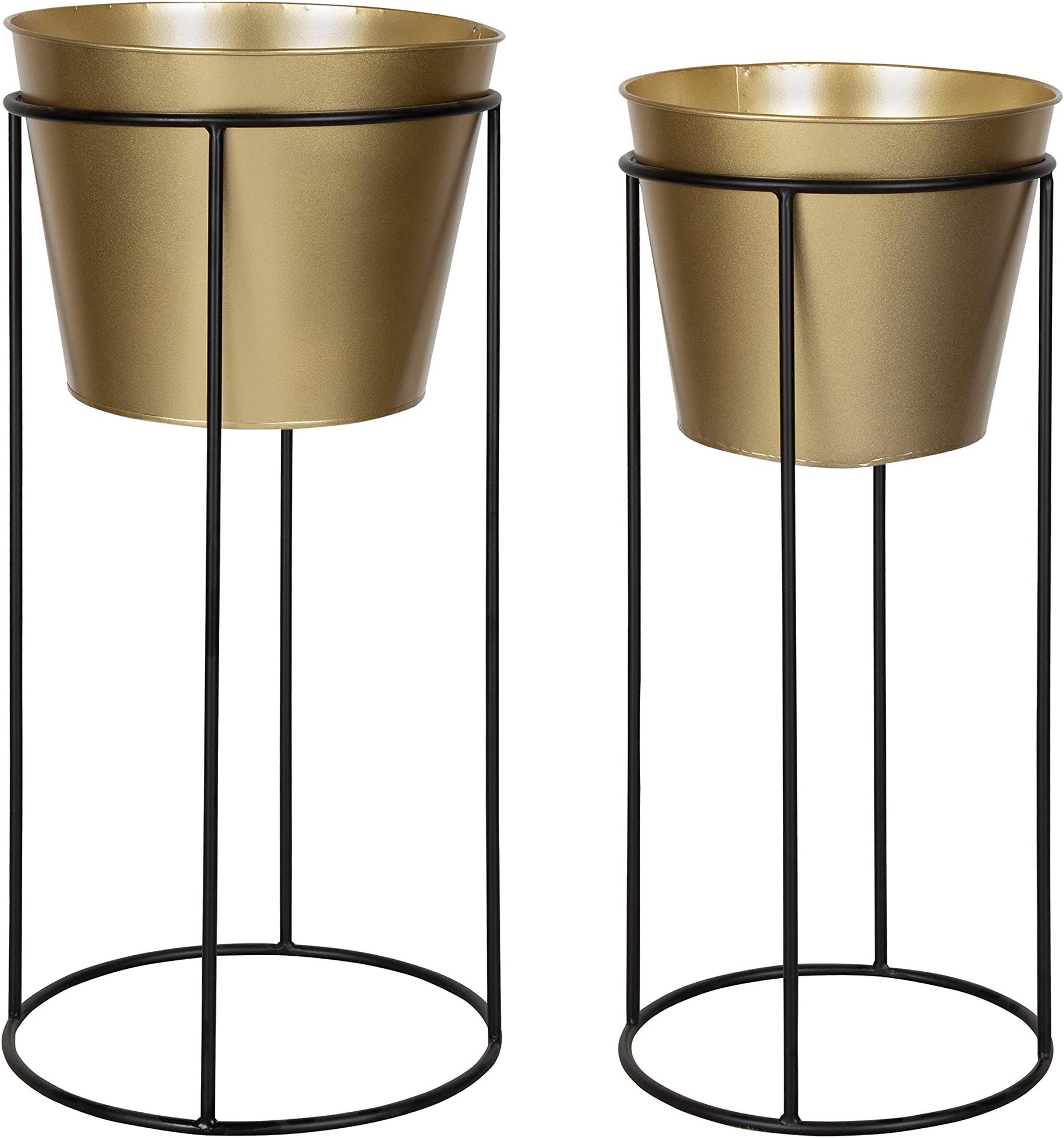 Kate and Laurel Sheely Decorative Modern Metal Planter Stands with Removeable Buckets Style Pots, Set of 2, Gold/Black