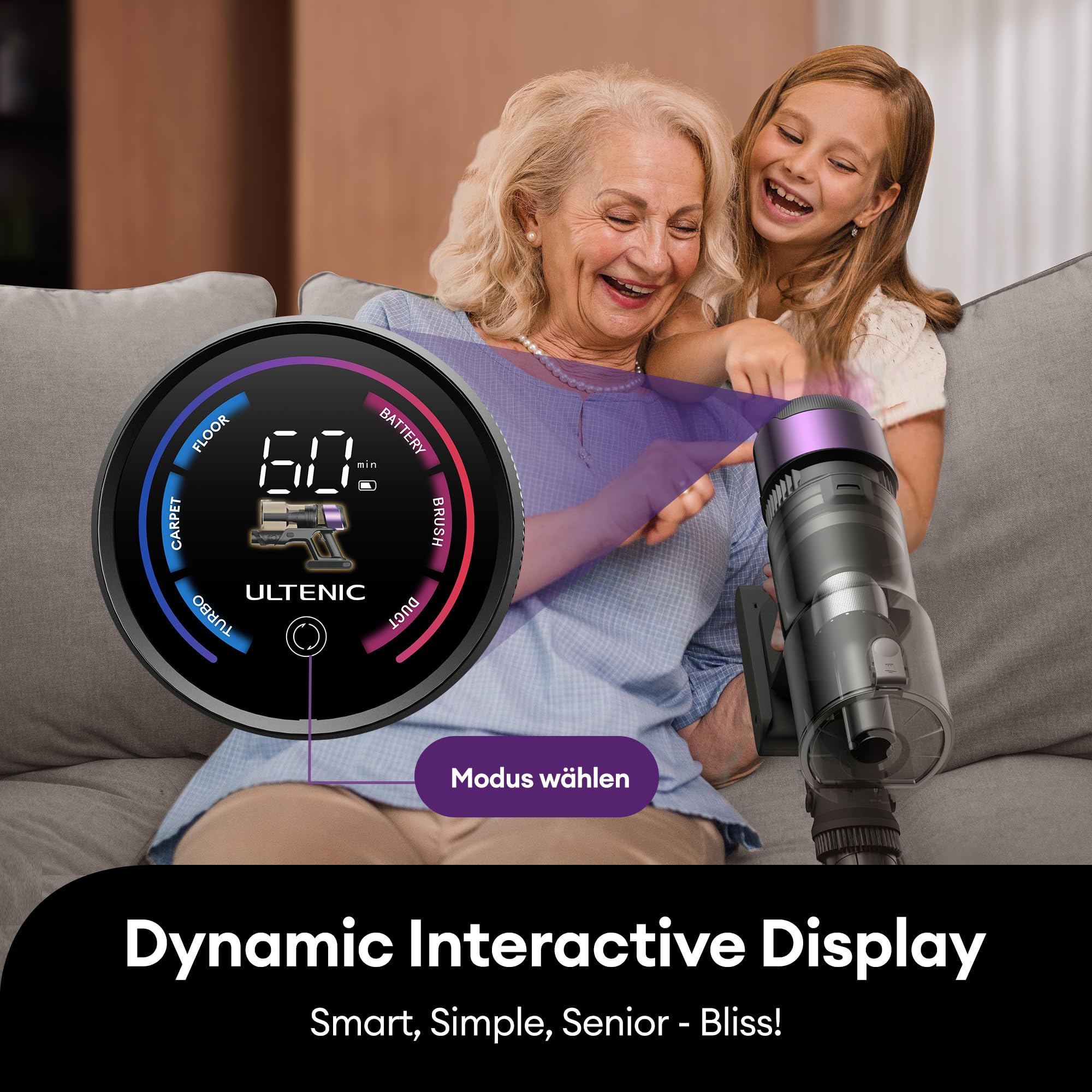 Ultenic U20 Akku Staubsauger, 55000Pa/ 600W/60Min Staubsauger Kabellos Mit Selbststehendes Design, Flexibles Biegegelenk, GreenEye-Technologie, Anti-Tangle Bodenbürste für Hartböden Teppiche Tierhaare 8