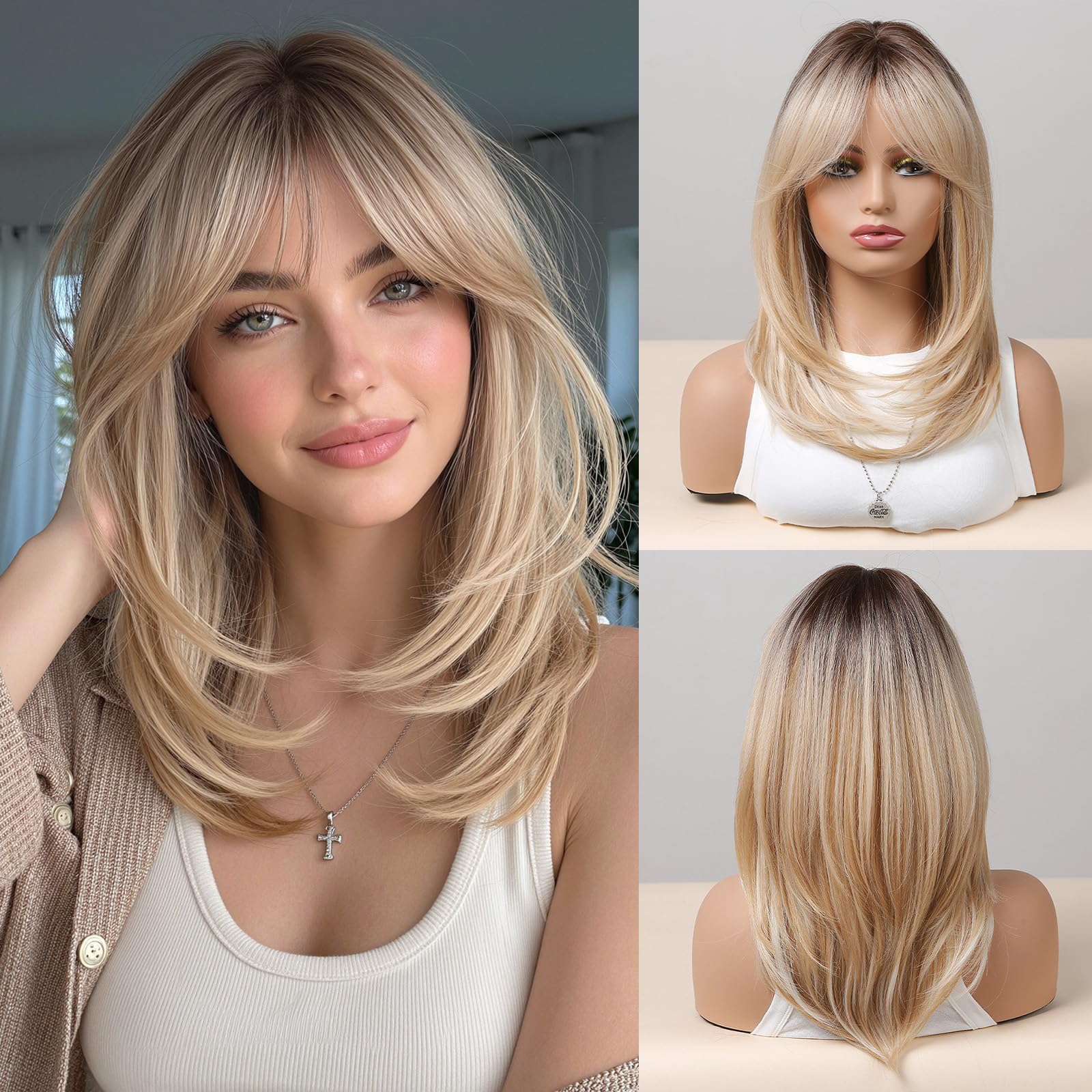 Esmee 16 Inches Long Straight Blonde Layered Synthetic Hair Wigs for Women with Dark Roots for Daily Party Use