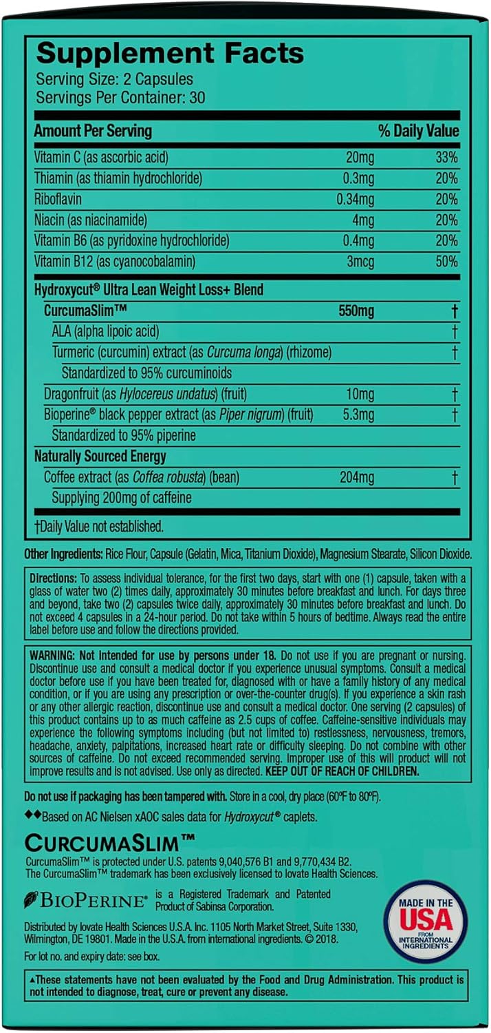 Weight Loss Pills for Women & Men | Hydroxycut Ultra Lean | Healthy Weight Loss Supplement Pills | Lose Weight with Turmeric Curcumin + Alpha Lipoic Acid | Metabolism Booster for Weight Loss, 60 Caps: Health & Personal Care