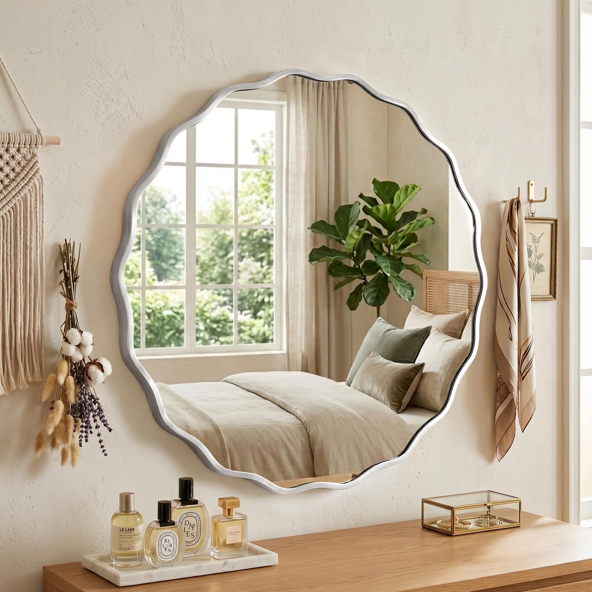 Fahomiss Wavy Runder Wandspiegel mit gebürstetem Aluminiumrahmen & gehärtetem Sicherheitsglas für Badezimmer, Flur & Wohnzimmer