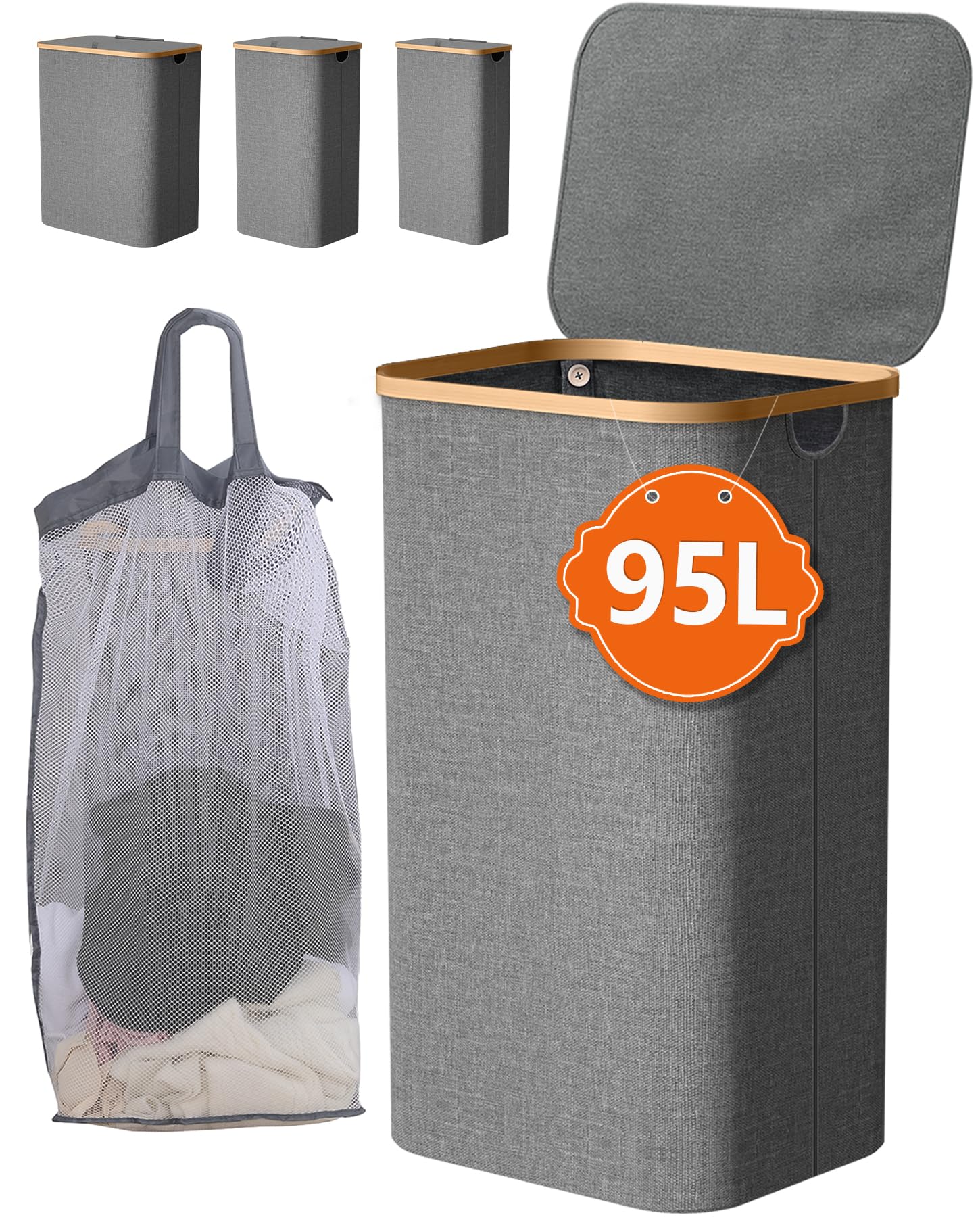 IHOMAGIC 95L Laundry Basket with Lid, Foldable Washing Basket for Laundry, Large Laundry Hamper with Removable Bag and Handle, Grey Storage Basket for Yoga, Slim Laundry Bin for Dorm, Bathroom, Grey