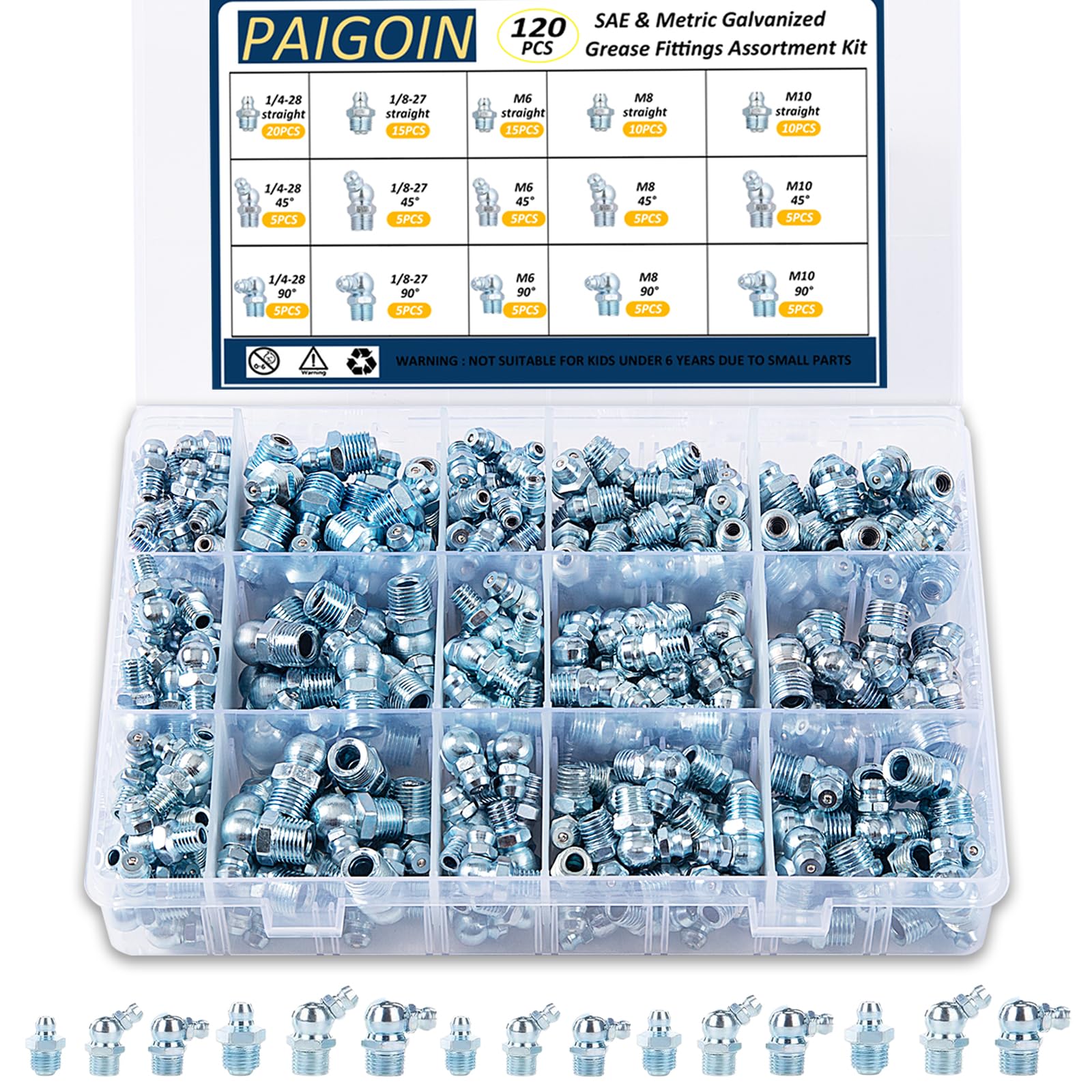 Photo 1 of PAIGOIN SAE & Metric Grease Fittings Assortment, 120PCS Grease Zerk Fittings NPT 1/4" 1/8" M6 M8 M10 Straight 45 90 Degree Grease Nipples Kit