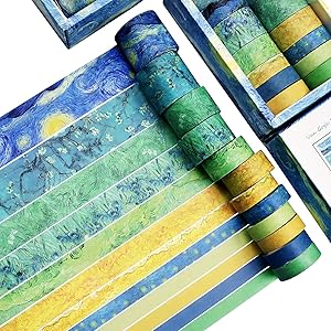 Washi Tape Set of 12 Rolls,Van Gogh Starry Night Decorative Green Leaves Floral Blue Yellow Washi Masking Tape Sets for Craft,Kids,Scrapbook,Bullet Journal,DIY,Gift Wrapping(Yellow)