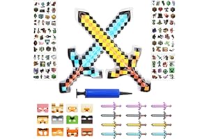 36 Pcs Pixel Party Supplies Favors,12 Inflatable Swords,12 Party Masks and 12 Pixel Stickers