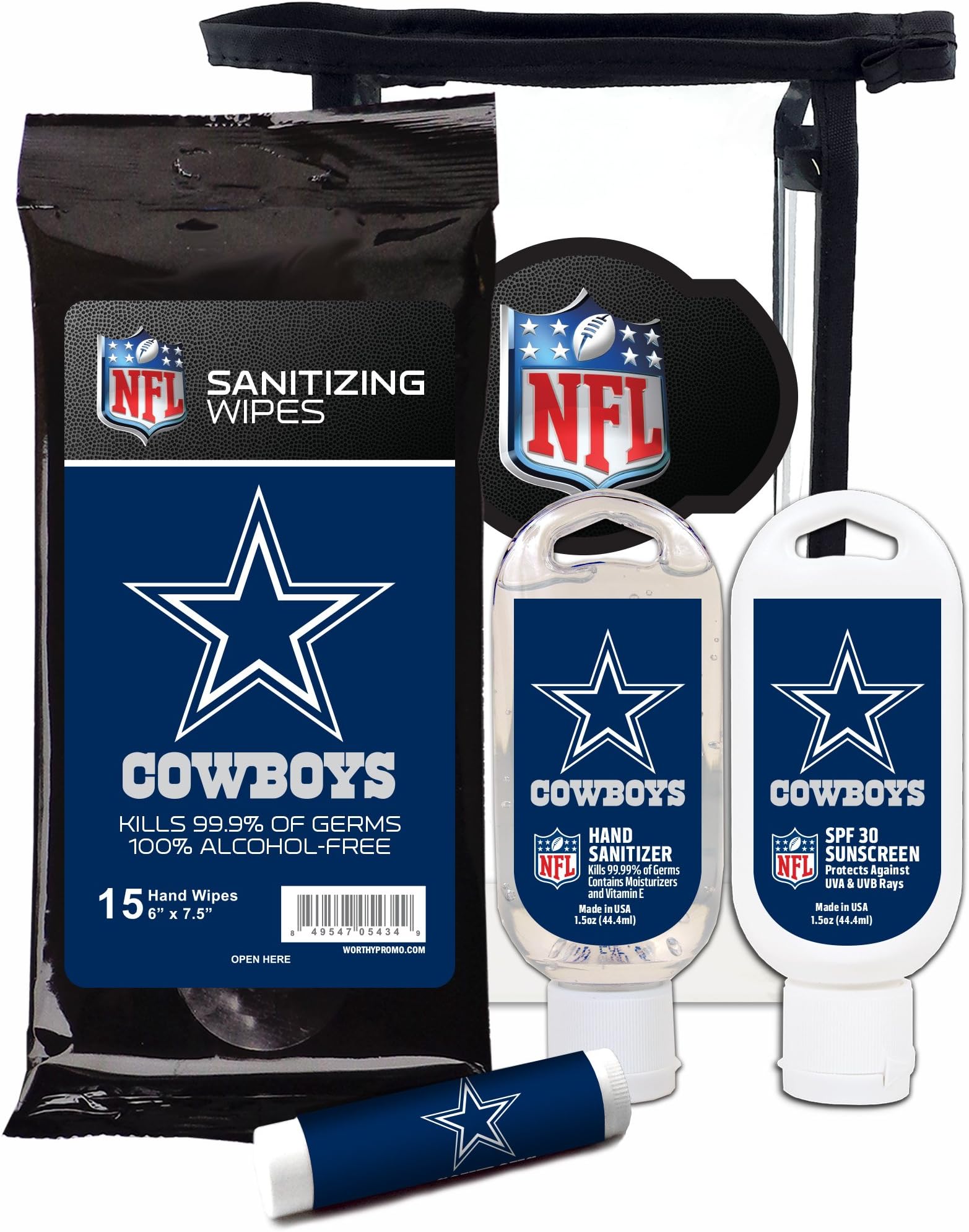 Worthy Promotional NFL Dallas Cowboys 4-Piece Premium Gift Set with SPF 15 Lip Balm, Sanitizer, Wipes, Sunscreen