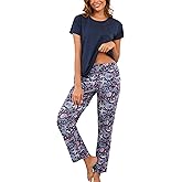 PNAEONG Womens Pajama Sets Cotton Lounge Sets for Women Short Sleeve Top With Pants 2 Piece pj sets With Pocket