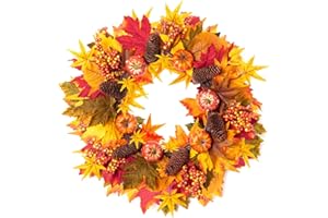 Rocinha Fall Wreaths Decorations Autumn Wreath Maples Leaf Pumpkin Pine Cone Berry Thanksgiving Harvest Outdoor Indoor Window Wall Front Door Outside Home (Maple Leaves & Pumpkins Wreath)