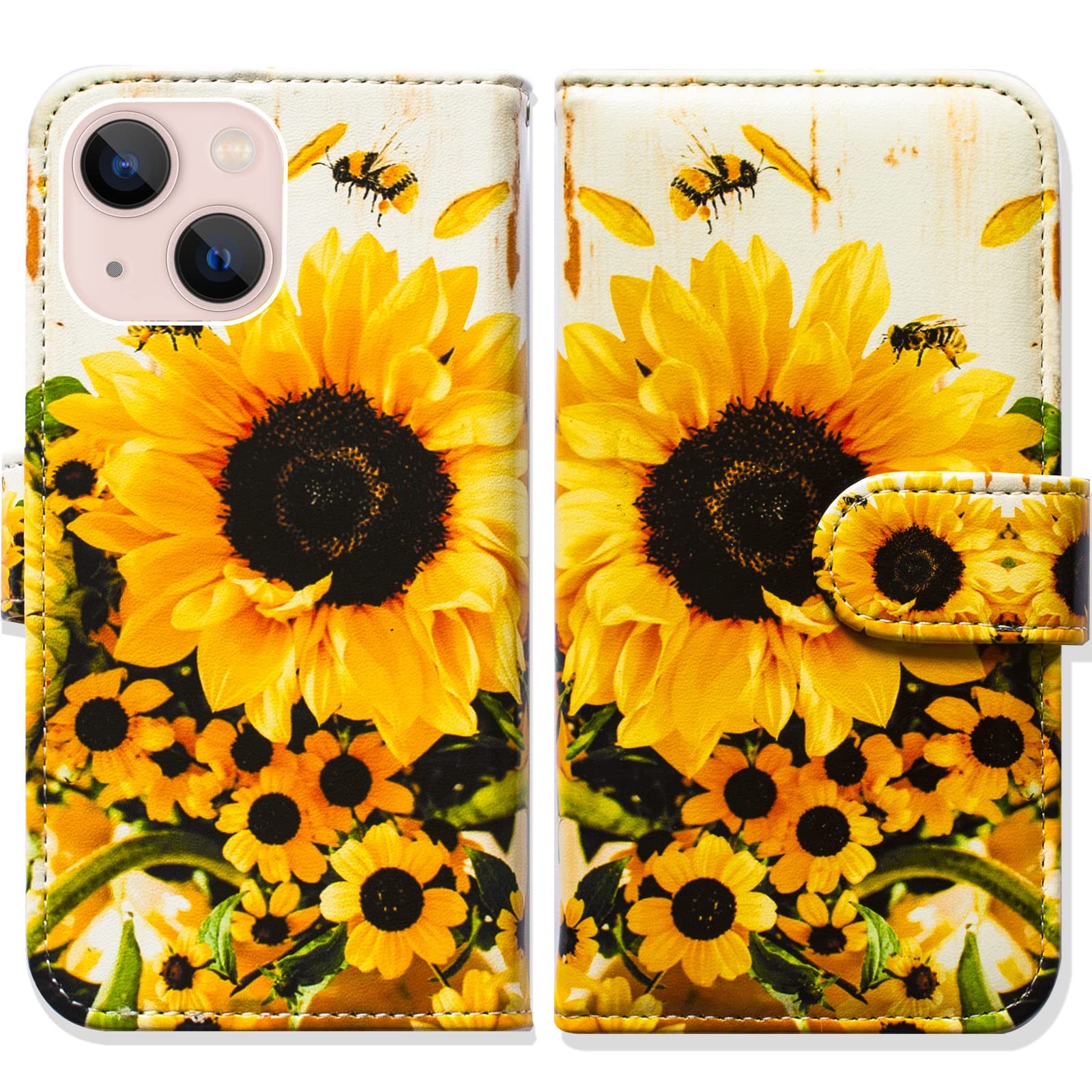 Bcov iPhone 14 Case, Sunflower Bee Flip Phone Case Wallet Cover with Card Slot Holder Kickstand For iPhone 14