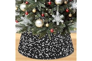 PATYDEST Black Christmas Tree Collar Halloween Christmas Trees Skirt 23.6 Inches Sparkle Sequin Tree Collar Velvet Xmas Tree Decorations Christmas Trees Ring Xmas Tree Stand Base Cover for Winter Holidays