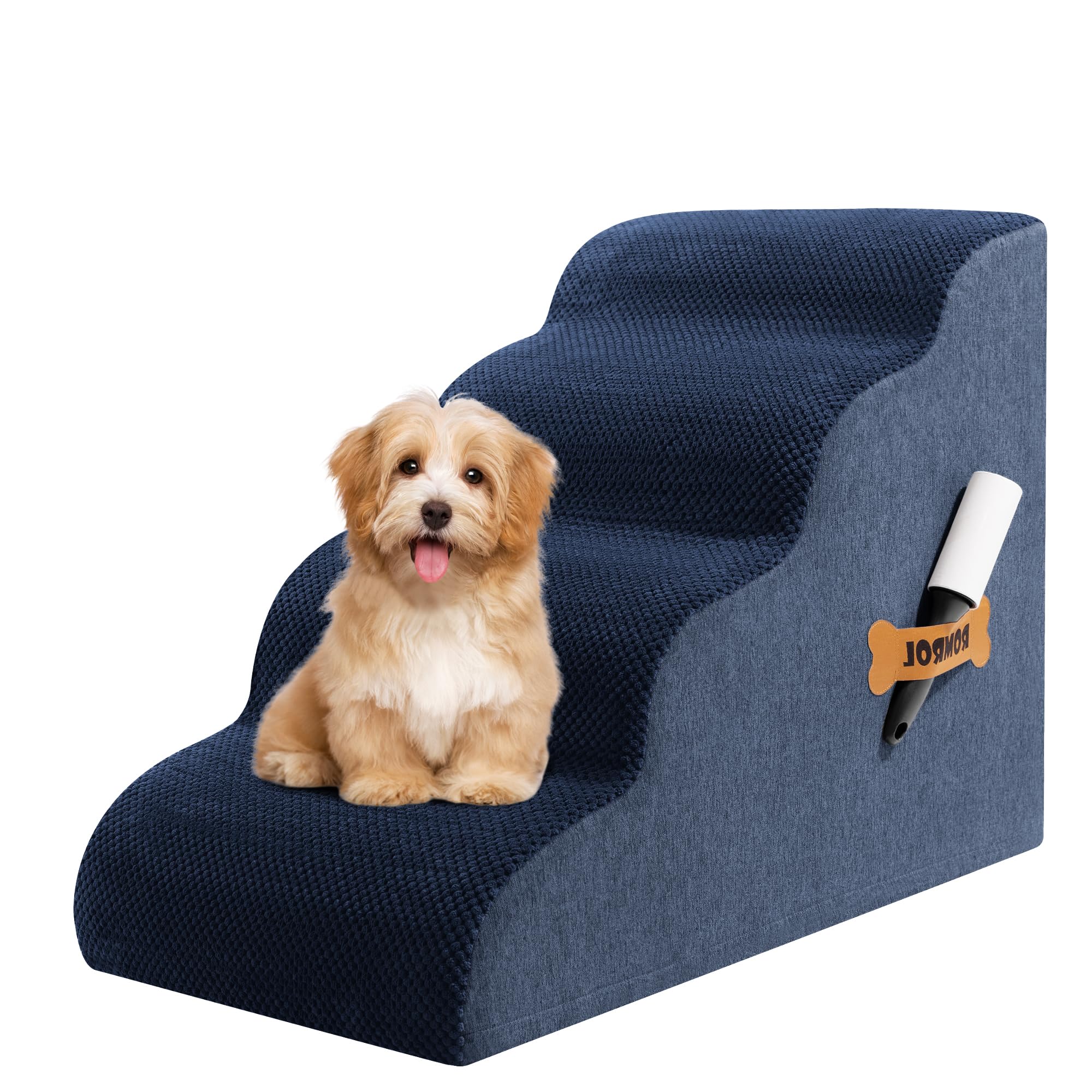 Photo 1 of Dog Stairs, Romrol Dog Steps Ramp for High Bed and Couch, Dogs Ramp with Durable Non-Slip Waterproof Fabric Cover, Pet Stairs for Small Dogs and Cats or Pets Joints, 4-TiersNavy