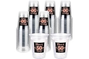 Amyhill 60 Pack 50th Birthday Plastic Cup Bulk 12 oz Rose Gold Disposable Clear Birthday Party Cups for Men Women Decorations Party Favors Anniversary