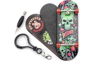 SPITBOARDS 32 x 96 mm Fingerboard Complete Wood Set-Up Assembled, 5-Layers, Silver Trucks with Bushings and Nuts, Transparent CNC Bearing Wheels, Lasered Foam Grip Tape Orange Green Skull