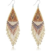 CALORVIA Bohemian Large Long Tassel Beaded Dangle Earrings Native Handmade Boho Statement Big Fringe for Women