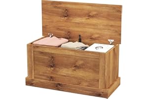 LOKO 35.5” Storage Chest, Lift Top Storage Box with Metal Hinges, Wooden Storage Bench with Safety Hydraulic Strut, Large Farmhouse Storage Trunk for Living Room, Bedroom, Entryway(Oak)