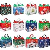TUEJITE 12 Pack Large Christmas Gift Bags with Tissue Paper, Non-woven Xmas Bag With Handle For Party Family Kids Friends Present Wrapping, Waterproof Santa Grocery Shopping Tote Bag