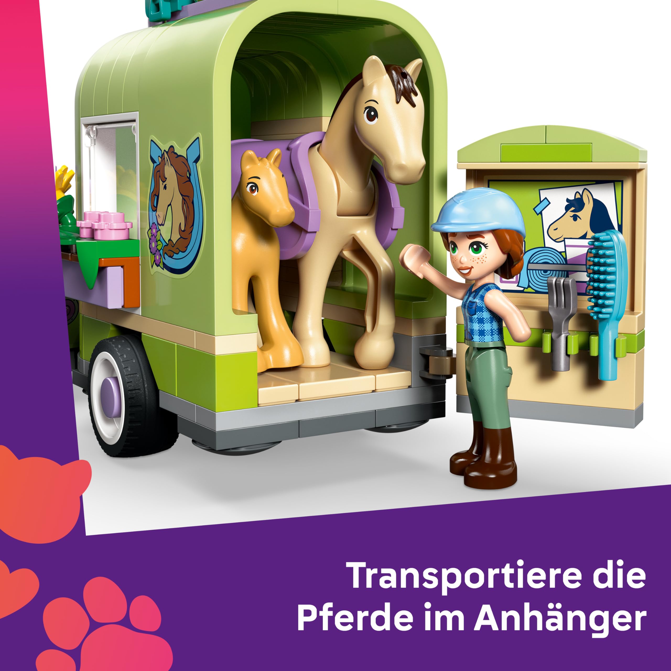 LEGO Friends Pferd und Fohlen mit Pferdeanhänger - Pferde Spielset mit Pflegezubehör, 4 Tierfiguren, Auto & 2 Mini Puppen - Geschenkidee zum Geburtstag für Mädchen ab 7 Jahren - 42695 3
