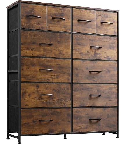 12 Drawer Dresser For Bedroom – Tall Fabric Dresser With Metal Frame, Wooden Top, Anti-Tip Design