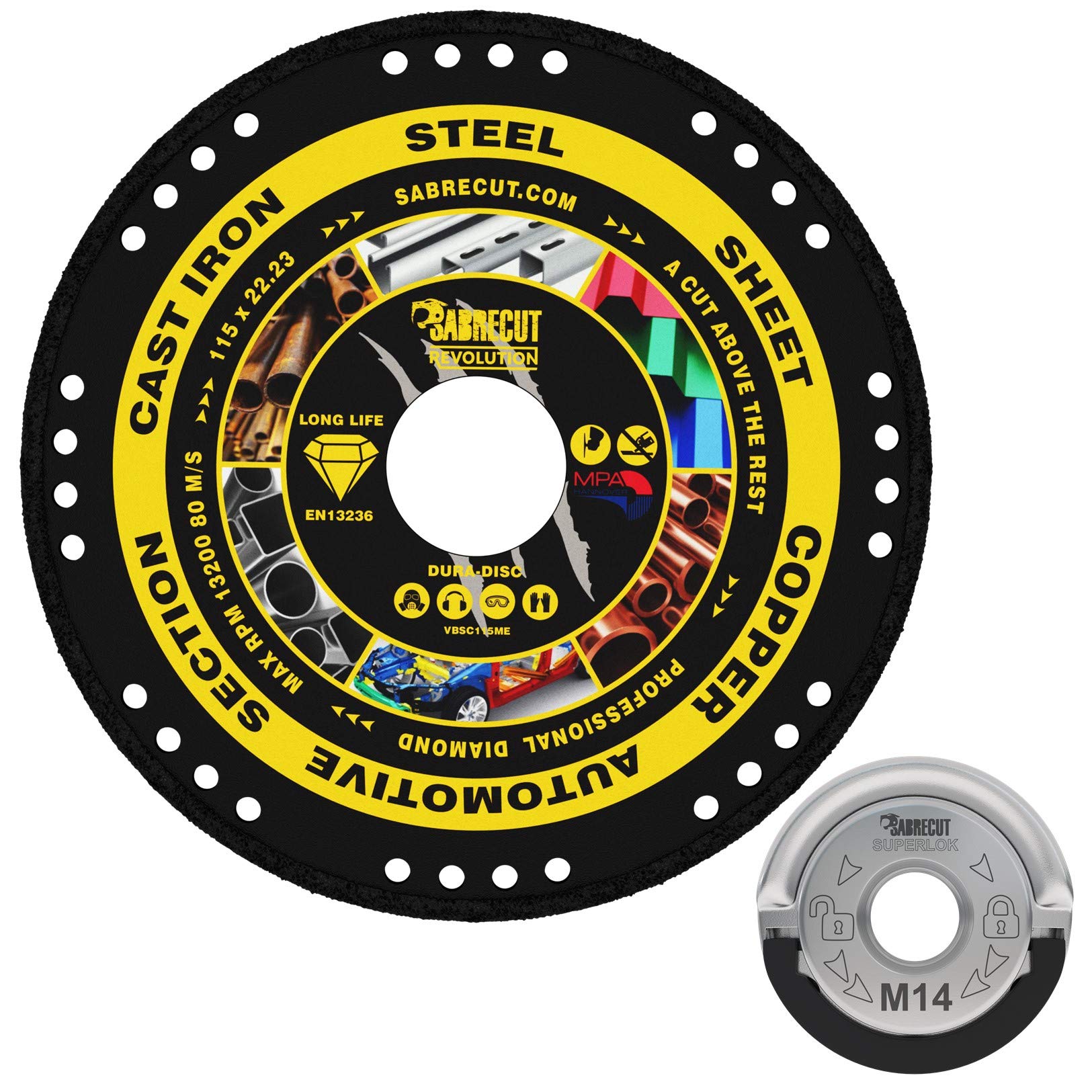 SabreCut VB115MEGRB 115mm (4.5 inch) x 22.23mm Bore Vacuum Brazed Metal Cutting Angle Grinder Diamond Disc Blade and 45mm M14 Quick Change Heavy Duty Grinder Locking Retaining Flange Nut Kit