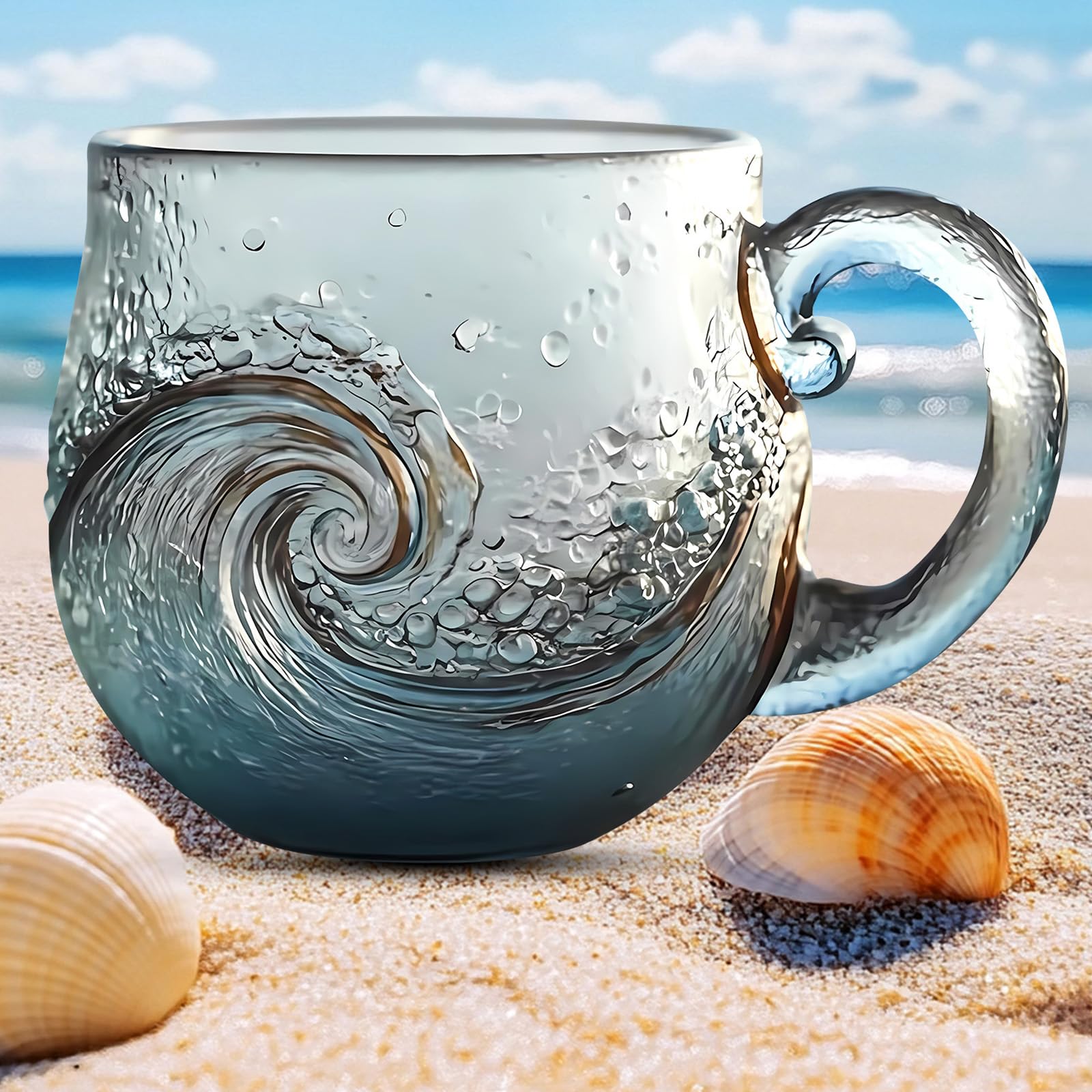 Photo 1 of 12 oz Handblown Ocean Wave Glass Mug Cup, Sea Glass Wave Mug, Textured Sea Wave Design, Unique Glassware for Tea, Coffee, Cocktails, Beach Lovers & Gift Giving