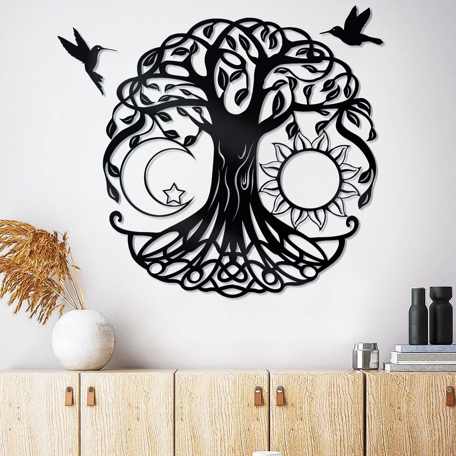 WINUSD 18in Black Metal Wall Art, Tree of Life Wall Decor Metal Artwork for Wall with 2 Pcs Black Metal Bird Silhouette, Tree of Life Wall Decor for Norse Decor Living Room Outdoor Indoor