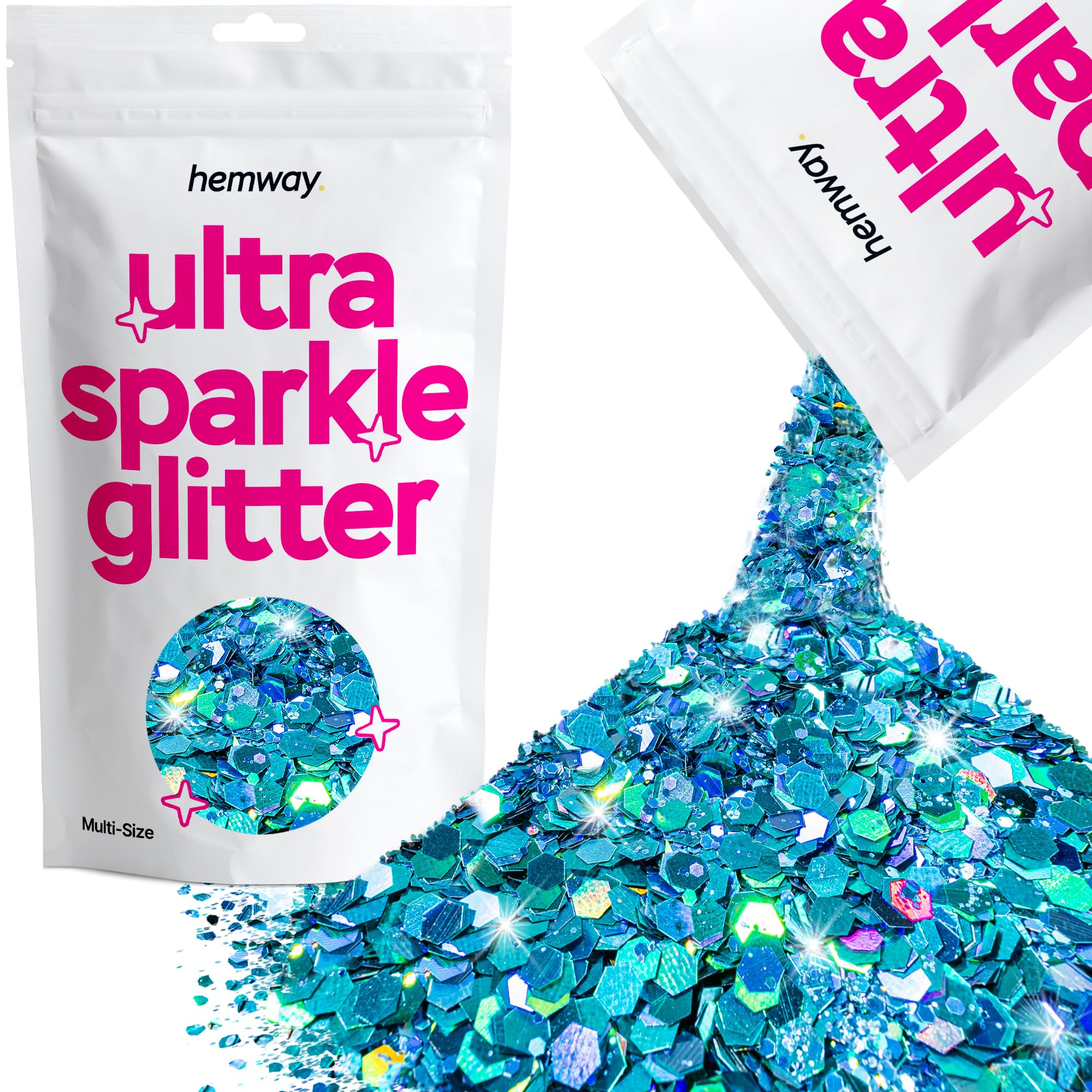 Hemway Ultra Sparkle Glitter Ocean Blue Holographic 100g Multi Size | Glitter for Arts & Craft, Makeup, Nail Art, Crafting, Card Making, Sparkle Decoration