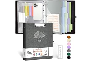 BVSSX 3 Ring Binder, 1 Inch Three Ring Linen Leather Binder Organizer with Clipboard for Letter Size Paper, Transparent Folder, 5-Tabs Dividers, File Folder Labels, Pen Loop, Elastic Strap (Dark Grey)