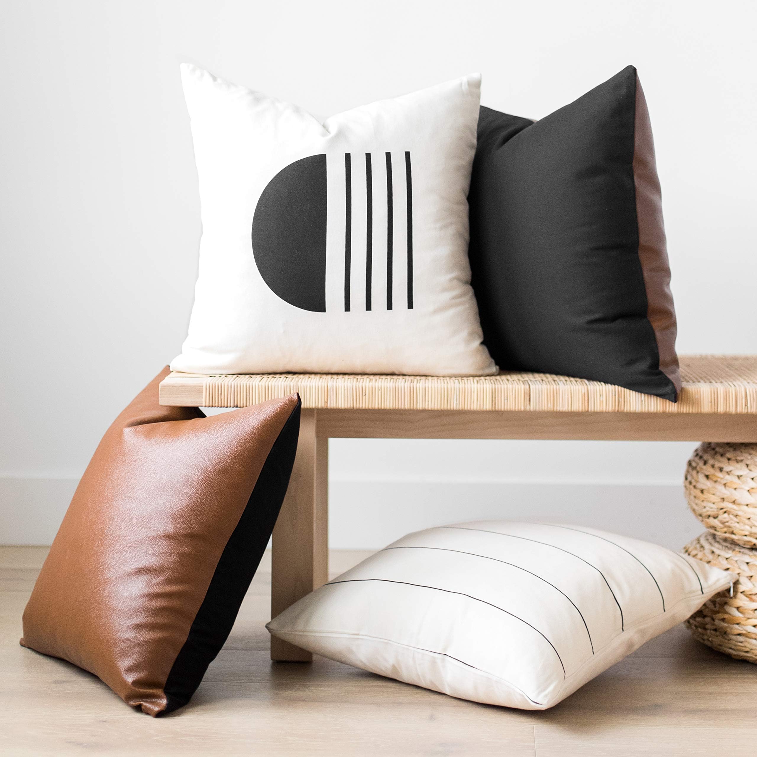 Woven Nook - Modern & Luxurious 20" x 20" Decorative Boho Throw Pillow Covers - Durable Quality & Machine Washable - Roux Design - Black and White - 4 Pack