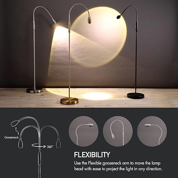 O’BRIGHT RAY – ADJUSTABLE LED BEAM FLOOR LAMP, DIMMABLE AND ZOOMABLE SPOTLIGHT, FLEXIBLE GOOSENECK, READING/CRAFTING STANDING LAMP, WORK TABLE LIGHT, BRUSHED NICKEL