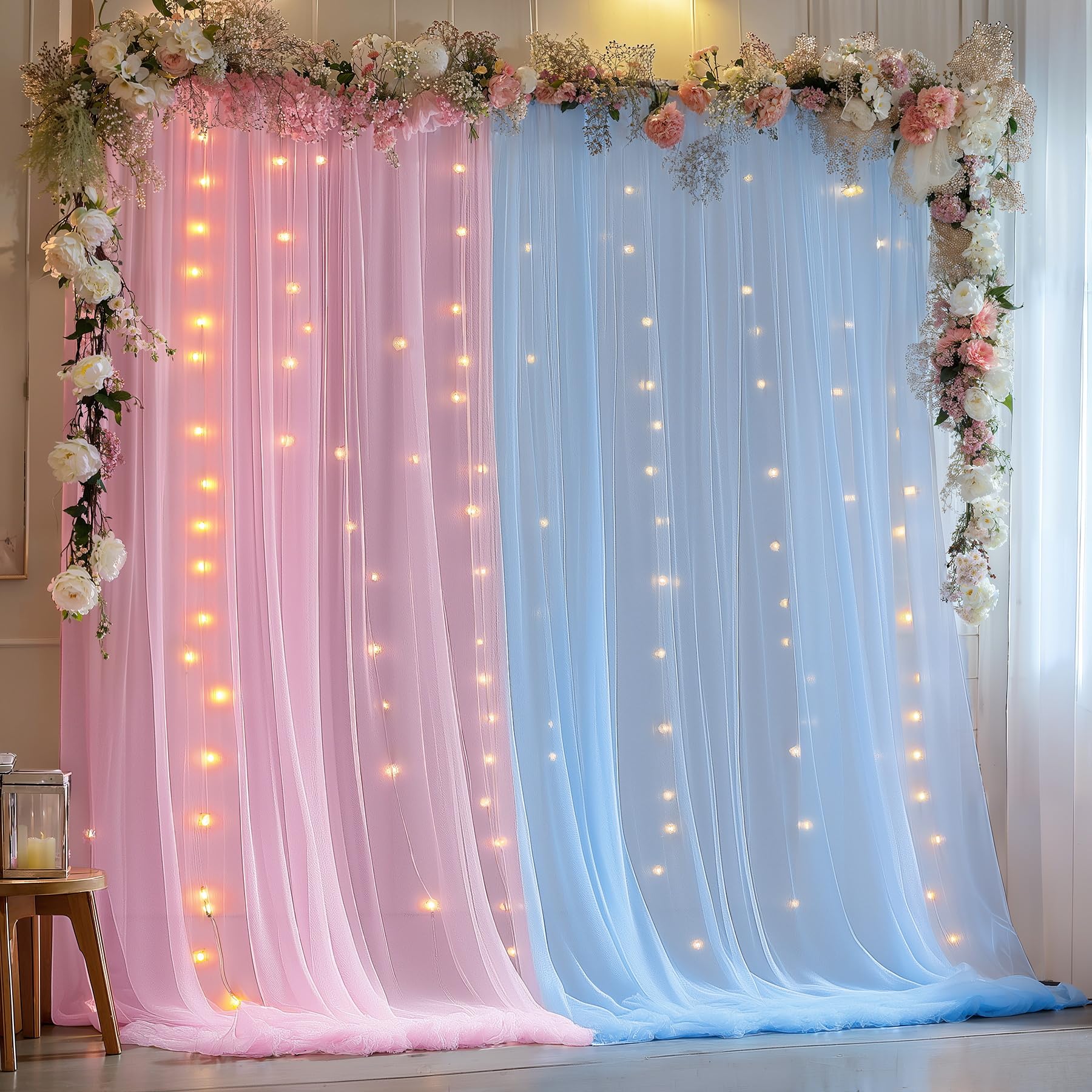 Photo 1 of 10x10ft Pink Blue Tulle Backdrop Curtain with Lights String for Parites, Sheer Backdrop Curtains for Wedding Baby Shower Birthday Party Photo Shoot Decorations