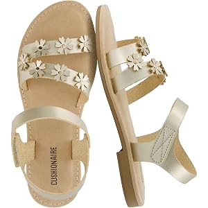 CUSHIONAIRE Cleo Girls Sandals, Flower Strap Dress Style Girls Dress Shoes with Cushioned Footbed and Adjustable Ankle Strap