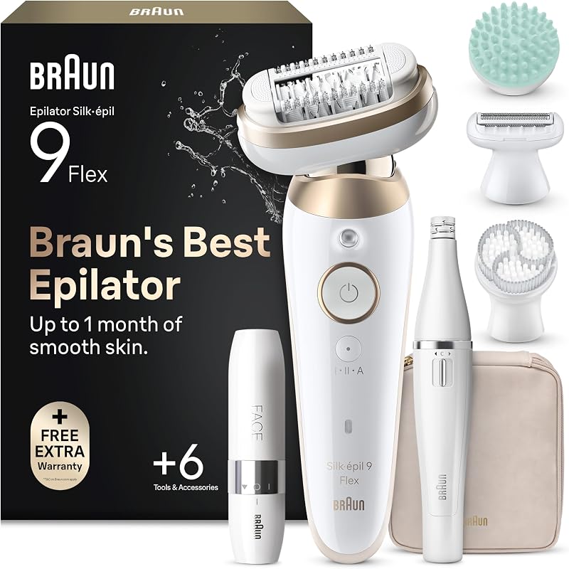 Silk·épil 9 Flex SkinSpa Epilador Elétrico Mulher com FaceSpa Pro e Mini Depilador Facial, Cabeça Flexível, Conjunto Tudo-Em-Um, Epilados, Barbas e Acabamentos, Uso Húmido Seco, 9-681 3D, Ouro
