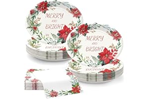 OUMUAMUA 100Pcs Heavy Duty Oval Christmas Paper Plates and Napkins Set, 12 inch Large Poinsettia Christmas Dinner Plates Disposable Party Set, Merry & Bright Floral Dinnerware for Holiday Xmas Party Supplies