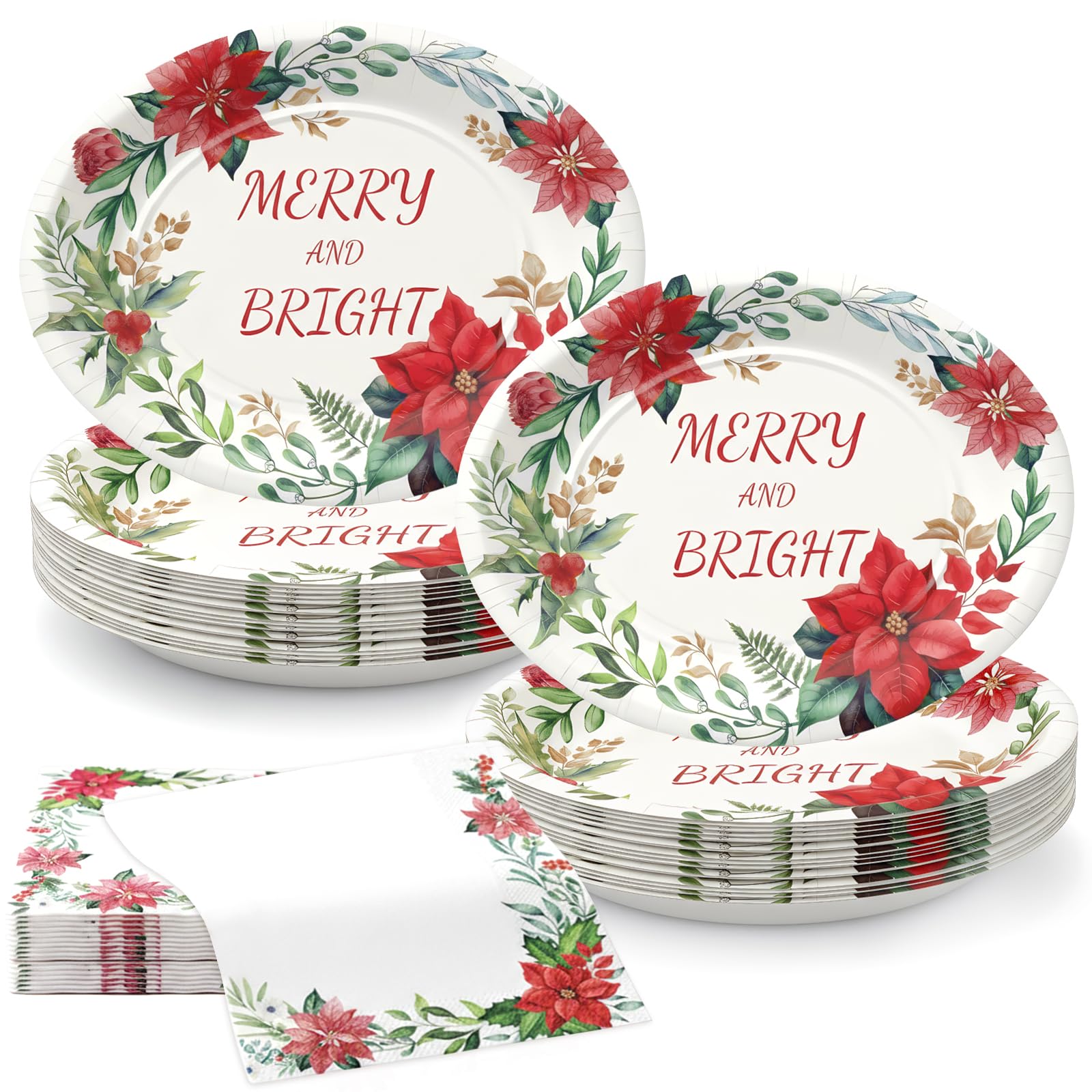 View 1 of 100Pcs Heavy Duty Oval Christmas Paper Plates and Napkins Set, 12 inch Large Poinsettia Christmas Dinner Plates Disposable Party Set, Merry & Bright Floral Dinnerware for Holiday Xmas Party Supplies