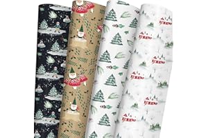 SaringSwoon Rustic Christmas Wrapping Paper for Kids, Adults - Winter Xmas Watercolor Gift Wrap With Gnome, Country House and Moshroom on Brown, Black, White - 40×28 Inches, 6 Folded Jumbo Sheets