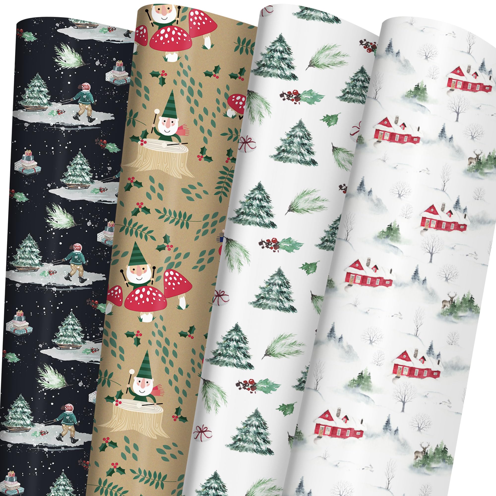 Photo 1 of 12 PACK+++SaringSwoon Rustic Christmas Wrapping Paper for Kids, Adults - Winter Xmas Watercolor Gift Wrap With Gnome, Country House and Moshroom on Brown, Black, White - 40×28 Inches, 6 Folded Jumbo Sheets