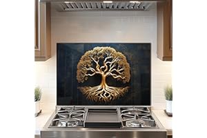 DAIFURONGE Tempered Glass Backsplash for Kitchen, Tree of Life Art Stove Backsplash Protector - Easy to Clean Wall Decor (Art Deco 1, 30"x20"(76.2x50.8cm))