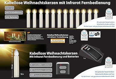 12er Set LED Weihnachtskerzen Elfenbein / Creme inkl. Batterien und Befestigungsclips, Flackermodus, GS geprüft, kabellose We