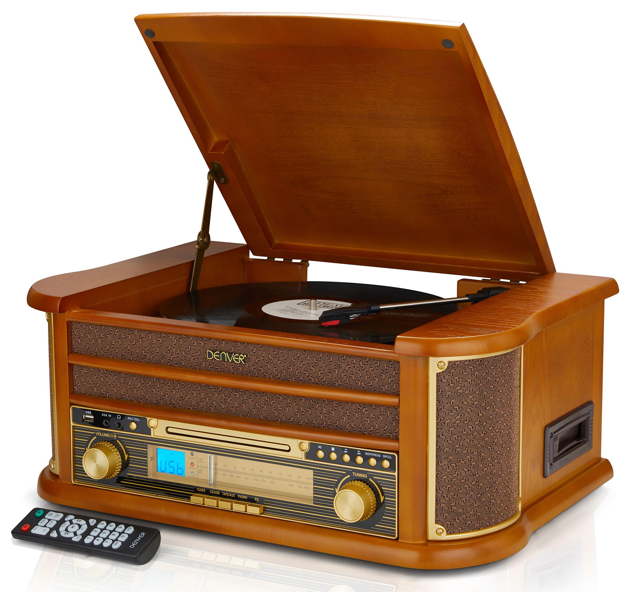 Denver 9-in-1 CD Bluetooth Cassette Player Retro Wooden Record Player HiFi System – 3 Speed Vinyl Turntable & Cassette With CD Player, FM/AM Radio, MP3 USB Recording, AUX IN And Line Out – MCR-50BT