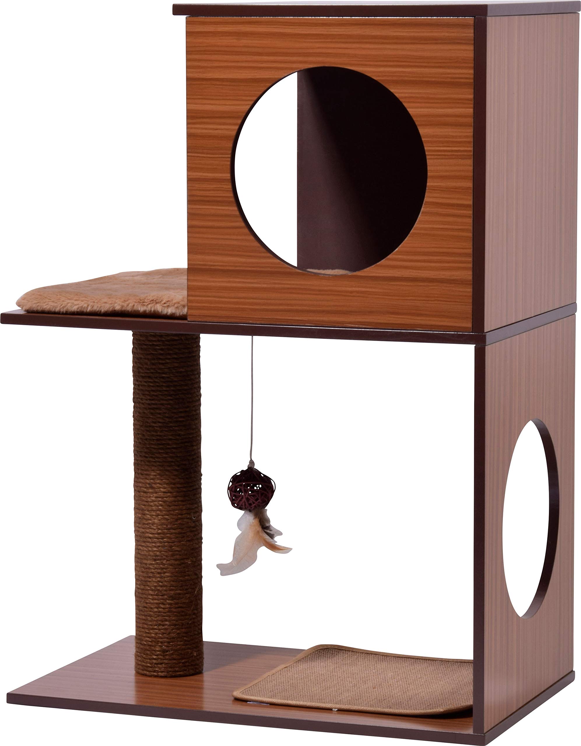 dobar® Kelly 35275FSCe Cat Furniture - Cat Cave with Scratching Post - Scratching Post with Play Ball and Fluffy Cat Bed - Claw Care and Sleeping Area - 54 x 34 x 77 cm - Brown