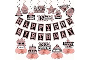 GERMISHUYS 50th Birthday Decorations Women, Black and Rose Birthday Party Decorations Include Happy Birthday Banner, Hanging Swirls and Honeycomb Centerpieces, 50th Birthday Party Supplies