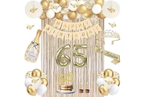 65th Birthday Decorations for Women, 51pcs Champagne Gold 65th Birthday Party Decor, 65 Sash and Crown, Fringe Curtain, Banne