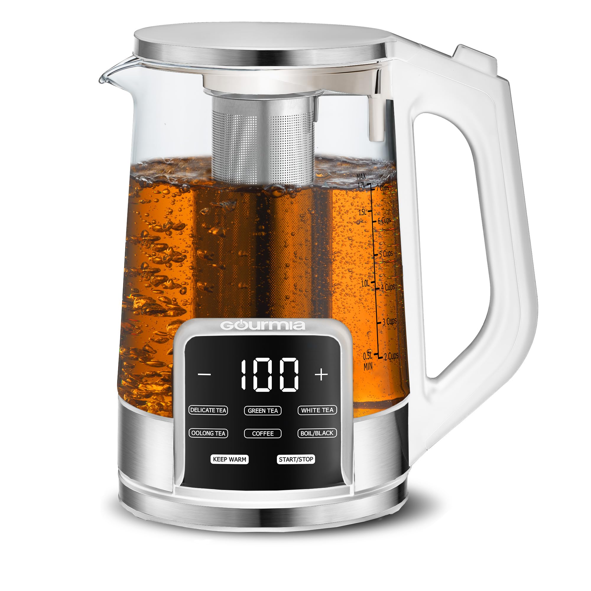 Gourmia Hervidor eléctrico de vidrio programable - Hervidor de té y café con control de temperatura de 1,7 L con pantalla táctil digital, 6 presintonías, mantiene caliente, infusor de acero inoxidable extraíble, base giratoria de 360° - Blanco