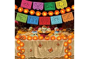 Roberly 2 Pcs Marigold Flowers for Decoration, Total 13 Ft 40 LED Marigold Flowers Lights with 1 Mexican Banner 12 Fake Butterfly for Dia De Los Muertos Decorations Indian Home Decor