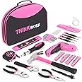 THINKWORK 122-Piece Pink Tool Set with 3.6V Rotatable Electric Screwdriver, Home Tool Kit for Women with Easy Carrying Round Pouch, Ladies Pink Tool Kit for Home Maintenance, DIY, Gifts