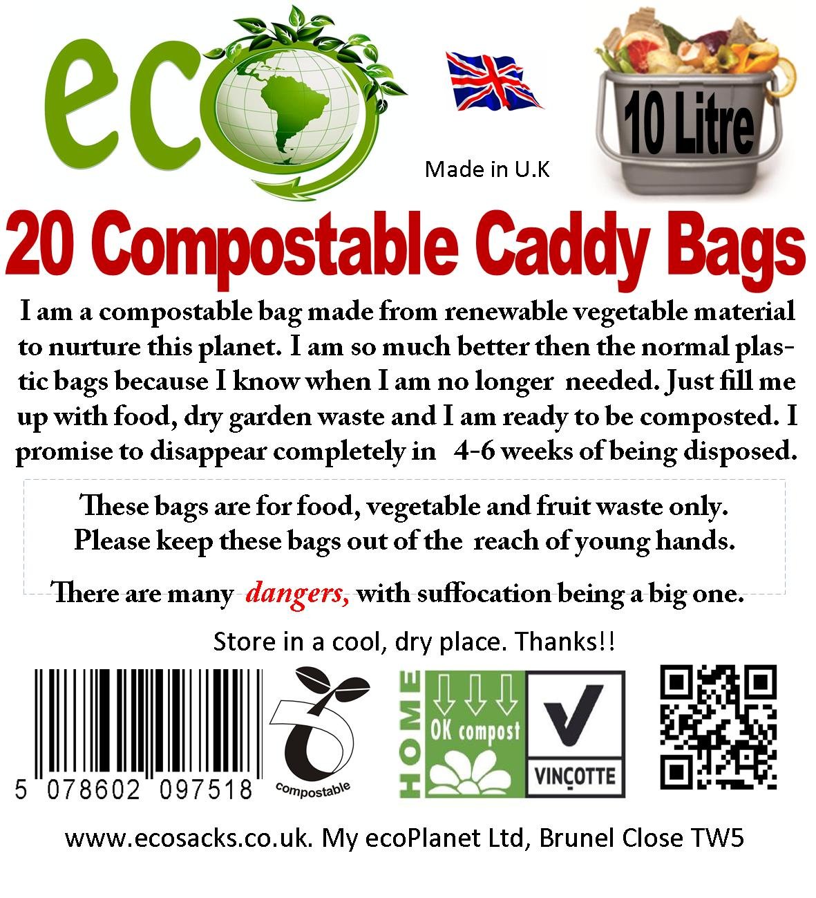 10 Litre Compostable Bags, Food Waste Caddy Bin Liners, Biodegradable X 20 Caddy Bags Amazon.co