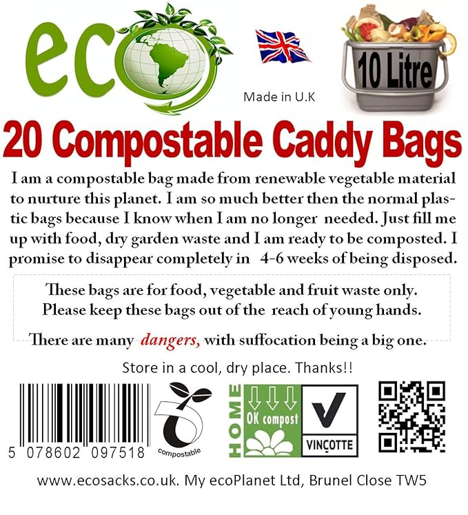 10 Litre Compostable Bags, Food Waste Caddy Bin Liners, Biodegradable X