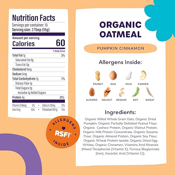 READY SET FOOD ORGANIC BABY OATMEAL CEREAL – SAFE & EASY EARLY ALLERGEN EXPOSURE FOR BABIES 6+ MONTHS, ORGANIC BABY FOOD WITH 9 TOP ALLERGENS: ORGANIC PEANUTS, MILK, EGGS, CASHEWS & MORE (15 SERVINGS) (PUMPKIN CINNAMON)